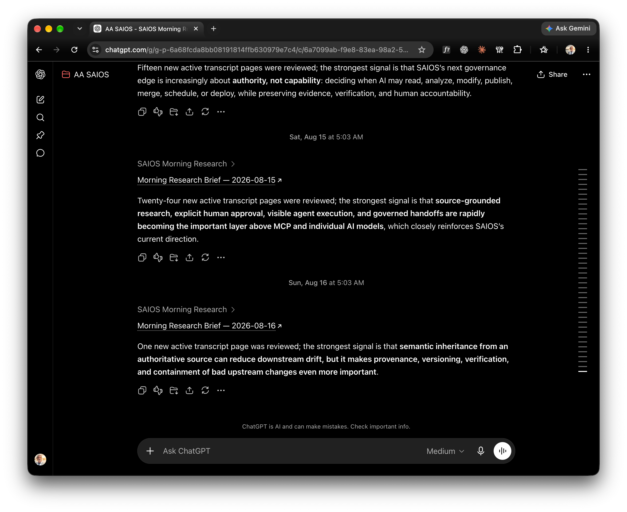 ChatGPT SAIOS Morning Research conversation showing recurring dated research briefs generated from transcript records.