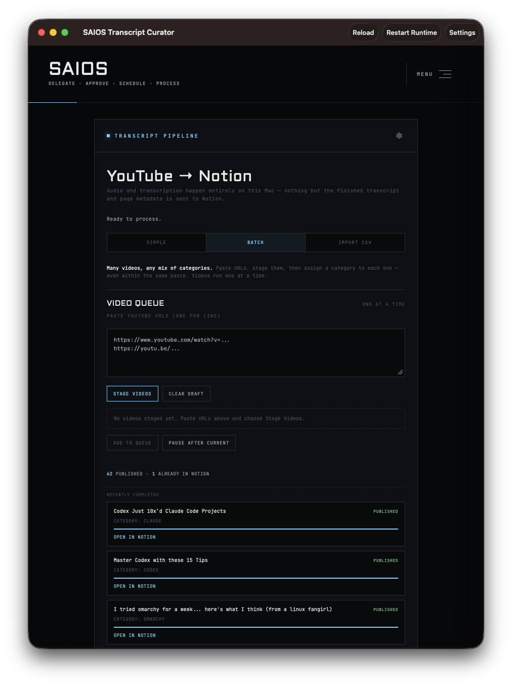SAIOS Transcript Curator on Mac showing the YouTube-to-Notion batch queue and published results.