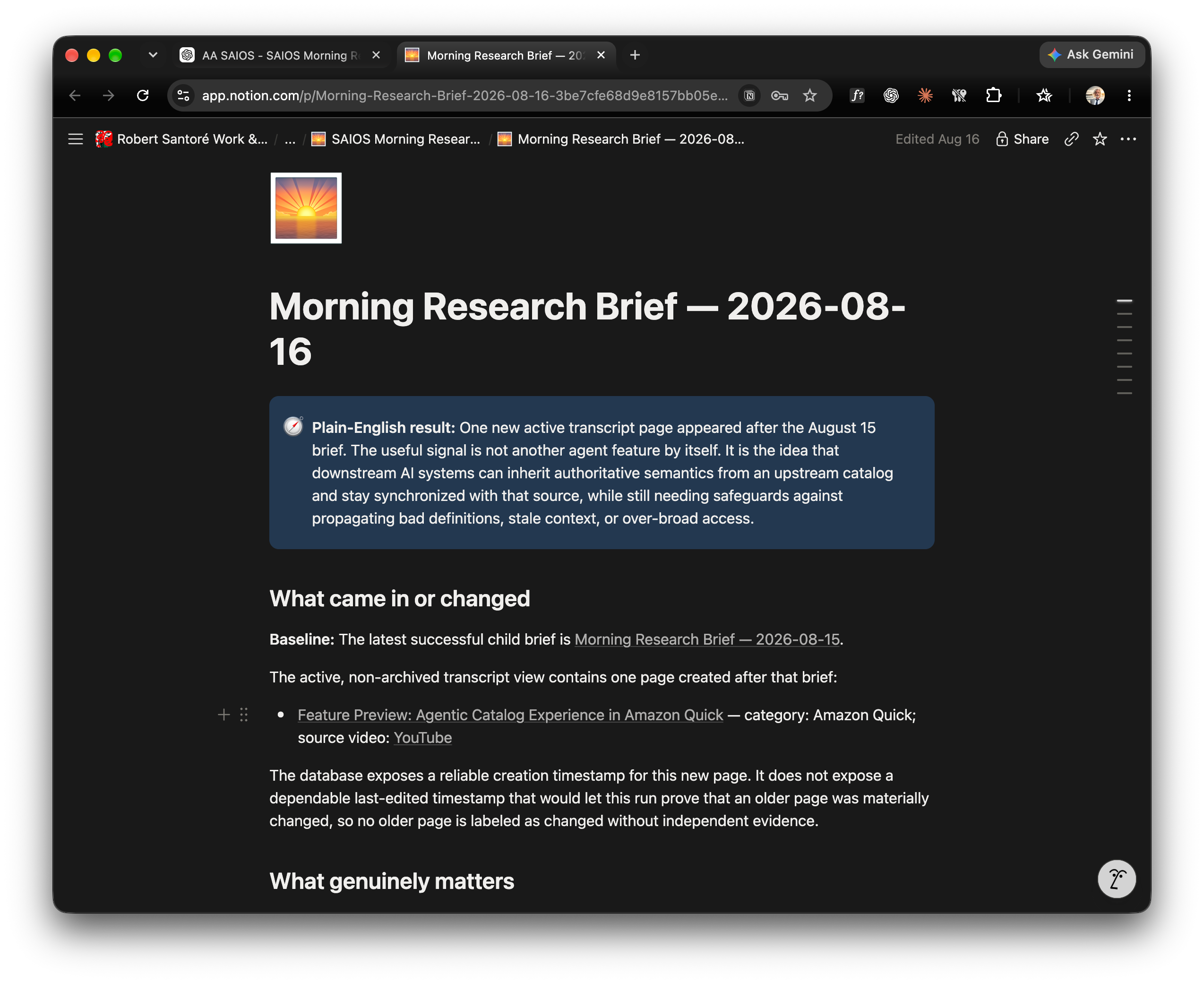 Notion Morning Research Brief showing a plain-English result and the evidence-led daily summary structure.
