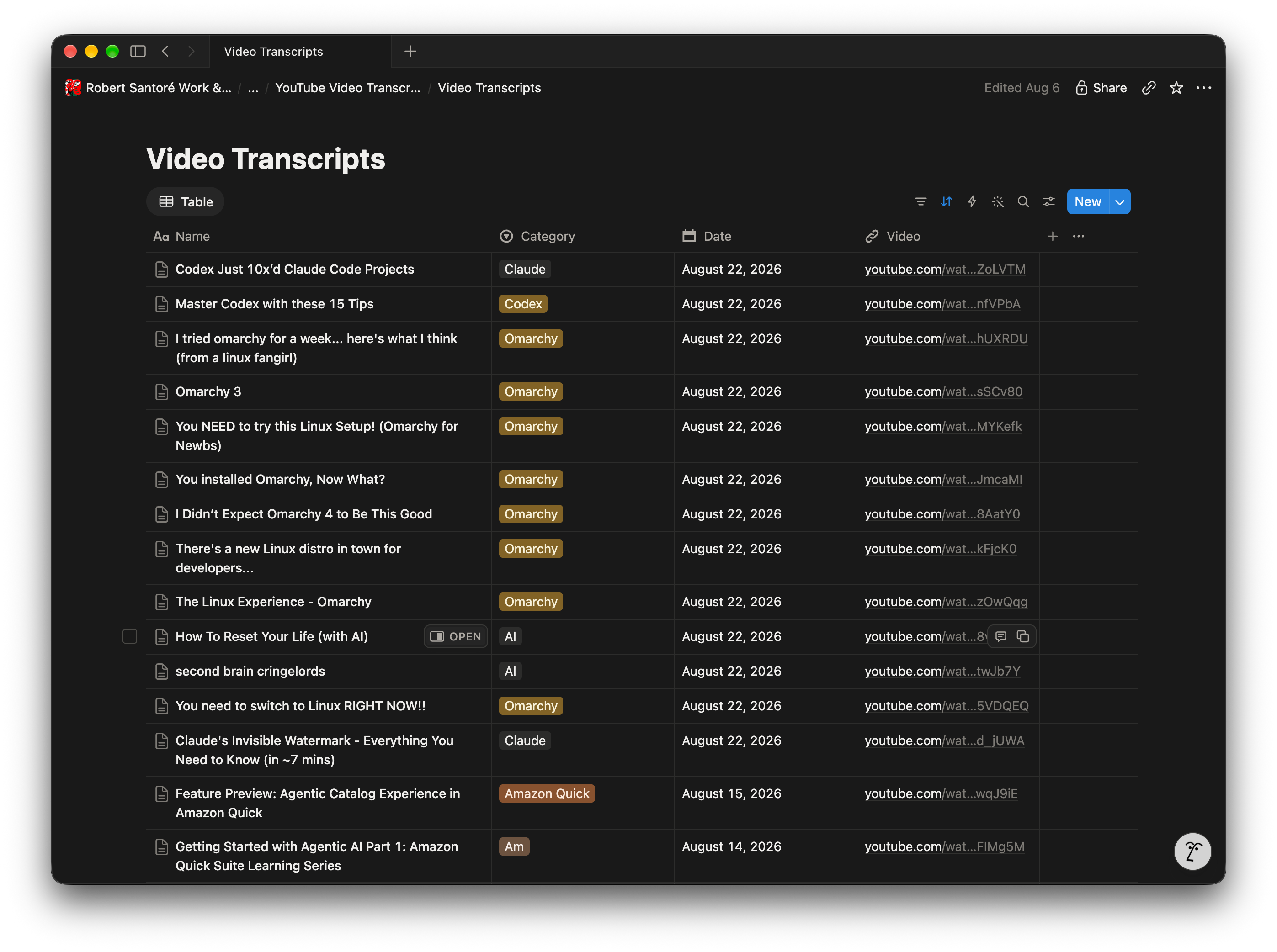 Notion Video Transcripts database showing categorized YouTube source records and publication dates.