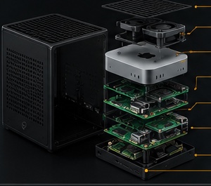 Exploded concept render of the SAIOS Cube enclosure showing a top panel, cooling system, a compute sled, two stacked Raspberry Pi modules, and a base panel, separated vertically to show the proposed internal stack.