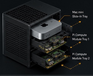 Concept render of the SAIOS Cube's proposed modular bays, showing a compute sled and two Raspberry Pi module trays partially extended from the enclosure to illustrate the intended serviceable-access concept.