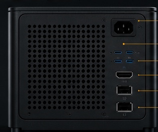 Concept render of the SAIOS Cube's rear panel, showing a vented service area and a column of connector cutouts for power, data, and video.